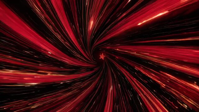 Red star in a swirling vortex of lines, with streaks of light, creating an abstract tunnel