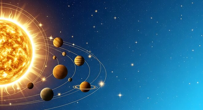 Solar System Depiction - Planets Orbiting the Sun in Space.