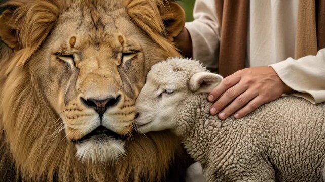 Mans hands stroke a calm lamb next to a peaceful lion, symbolizing spiritual harmony and divine protection