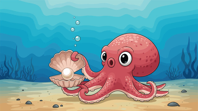 Cheerful cartoon red octopus holding an open seashell with a large white pearl on the sandy ocean floor underwater.
