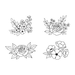 Fototapeta premium Minimalist Floral Bouquet Collection, Hand-Drawn Rose and Wildflower Line Art Sketches Set on White Background