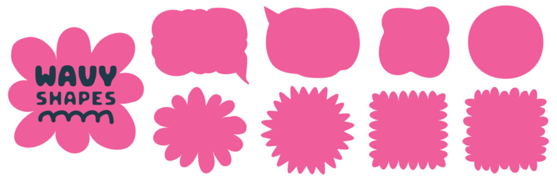 Pink wavy shapes, speech bubbles and floral silhouette forms. Trendy organic hand drawn stickers, fluid geometric icons, and cute design elements vector illustration isolated on transparent background