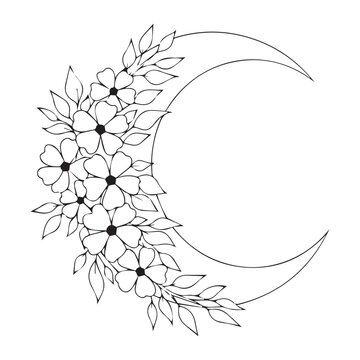Floral Crescent Moon Line Art Illustration, Hand-Drawn Celestial Wildflower Sketch, Black and White Vector Design