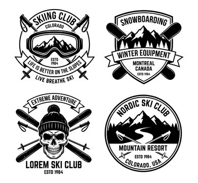 Vintage skiing club winter logo set with mountain skull and goggles