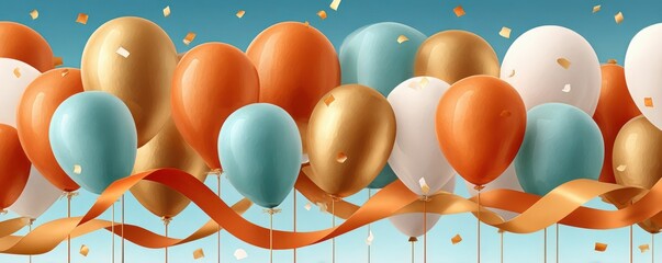 Obraz premium Festive gold and orange balloons with teal ribbons and confetti for celebration background