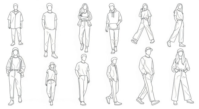 Minimalist line art people silhouettes, set of 12 casual fashion character sketches, black and white outline vector illustrations for architectural rendering