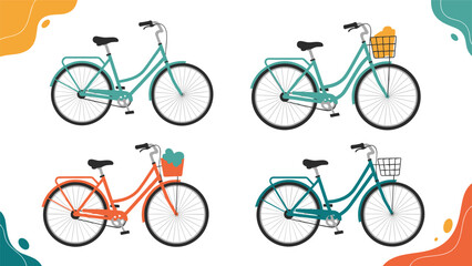 Fototapeta premium Set of four stylish city bicycles in different colors with some featuring baskets and flowers against abstract backgrounds.