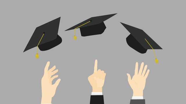 Graduation caps thrown in air by students celebrating success motion.