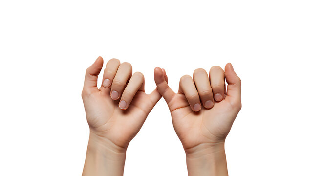 Two hands nearly touching pinky fingers extended in a playful gesture on transparent background.