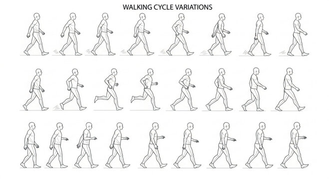 Walking cycle variations, human character animation frames, male figure movement sequence in outline style, 25 vector motion poses for 2D animation