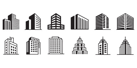 Fototapeta premium Modern building silhouette icon collection including skyscrapers and city structures in black vector style