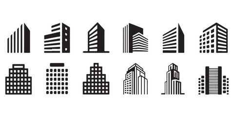 Obraz premium Modern building silhouette icon collection including skyscrapers and city structures in black vector style