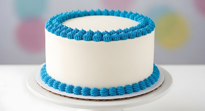 Title a beautifully frosted white cake with a vibrant blue buttercream border design
