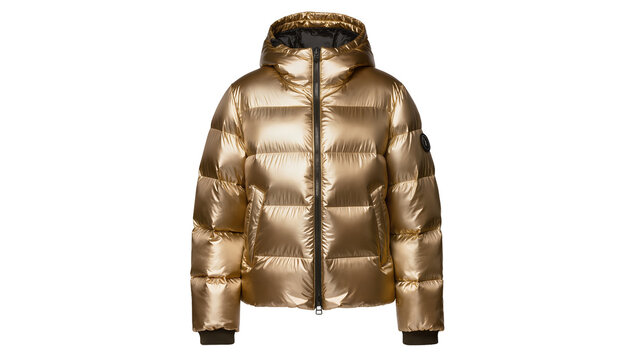 Shiny metallic gold hooded puffer jacket with black zipper and ribbed cuffs, isolated on transparent background for winter fashion catalogs