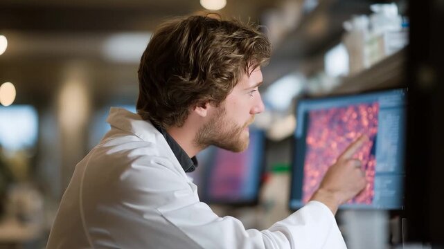 Biomedical engineer programs tissue scaffold parameters for 3D printed skin grafts with biomaterial specifications on dual monitors in sterile manufacturing environment, ideal for