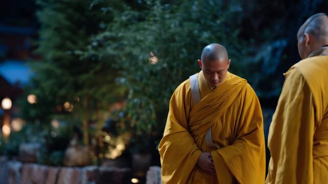 Buddhist novice receives saffron robes from senior monks in monastery courtyard at twilight, ordination ceremony and religious dedication commitment, ideal for monastic traditions,_4