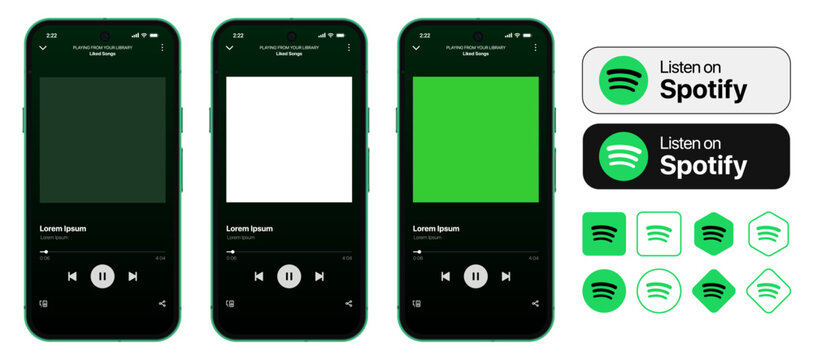 Spotify music streaming app UI mockup template. Spotify mobile audio player interface design for music listening playlist and streaming platform.