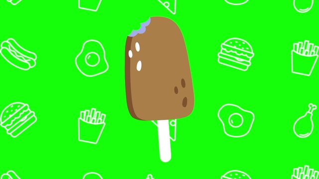 Chocolate ice cream stick, animated cartoon vector with foodie icon background on green screen. Food idea, creamy, artisanal symbol. Popup animation template design element