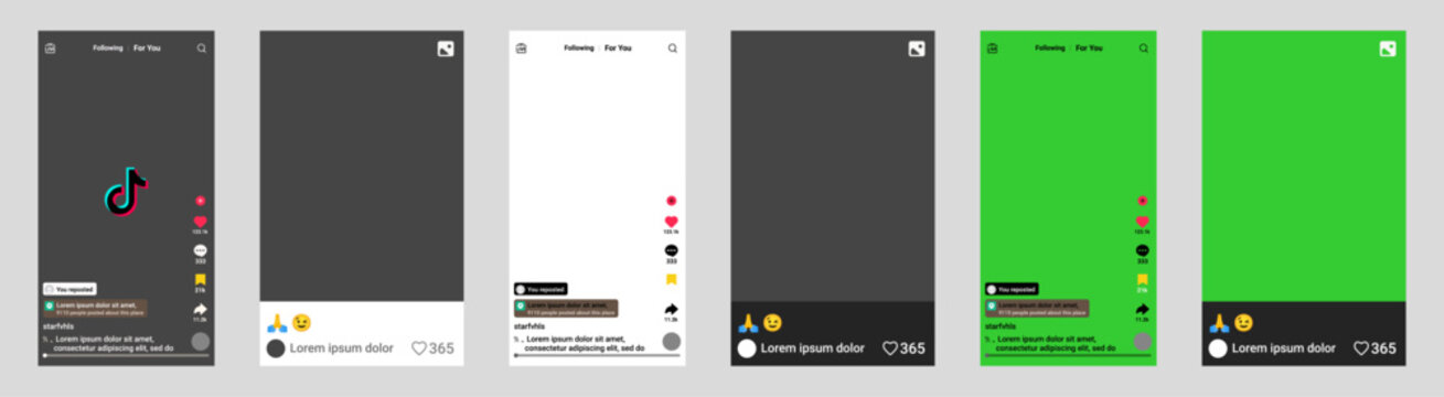 TikTok short video app UI mockup template. TikTok mobile video feed interface design for social media content creation and streaming platform.