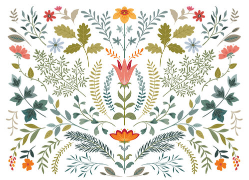 Vector collection of colorful beautiful flowers, plants. Folk art floral set.