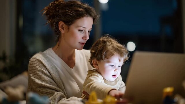 Child drawing picture of parent working from home while sitting under desk, toys scattered, capturing family perspective on workplace boundary challenges, ideal for work-life balan