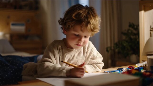 Child drawing picture of parent working from home while sitting under desk, toys scattered, capturing family perspective on workplace boundary challenges, ideal for work-life balan_2