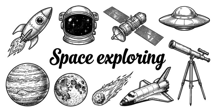  Vintage space exploration engraving with rocket astronaut and ufo