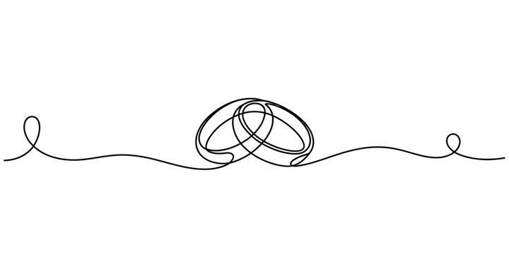 Minimalist continuous line drawing of two interlocking wedding rings on a plain white background Vector, illustration