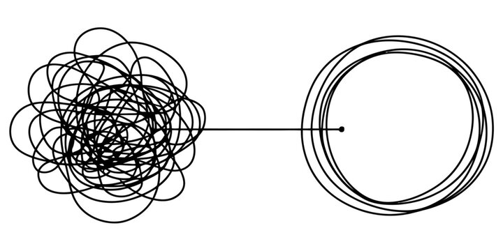 A conceptual line drawing showing a transition from chaotic tangled scribbles to organized circles Vector, illustration