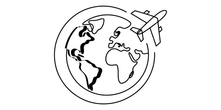 A continuous line drawing of a stylized airplane flying around the globe of the planet earth. Vector, illustration