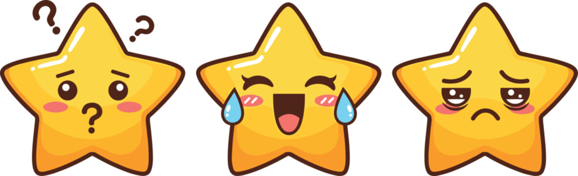 Kawaii Star Characters with Different Emotions: Confused Happy and Sad Faces Vector Illustration Set
