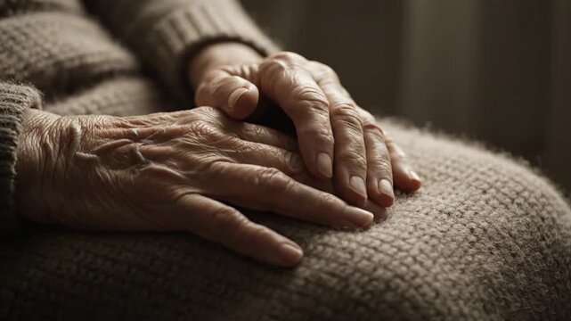 Close-up view of an elderly person's hand sitting in an elderly person's home reflects the empathy of the human body resting the hand