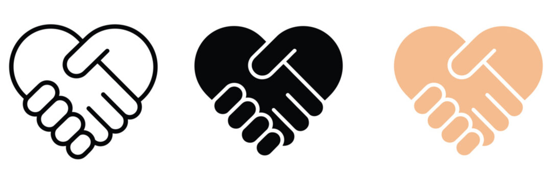 Handshake icon in heart shape representing partnership trust friendship teamwork symbol transparent PNG and vector illustration