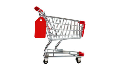 Shiny chrome miniature shopping cart with red plastic handle and accents featuring a blank red price tag, isolated on transparent background for retail concepts © Lukas