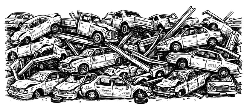 Junk car pile scrapyard scrap metal engraved vintage sketch