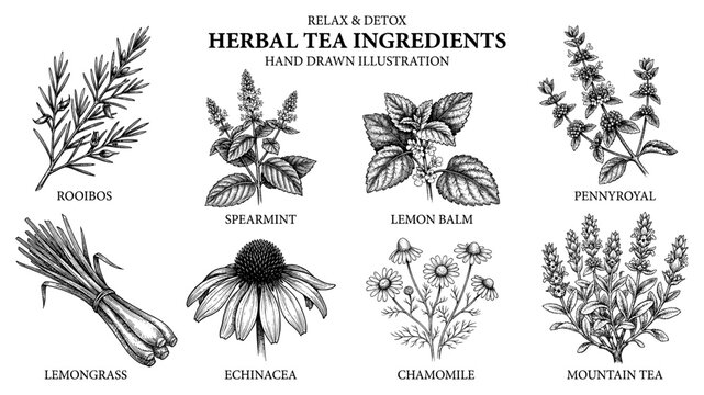 Herbal tea set chamomile mint echinacea lemongrass rooibos vintage