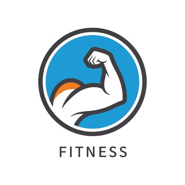 Fitness logo featuring a muscular arm flexing biceps in a circular frame