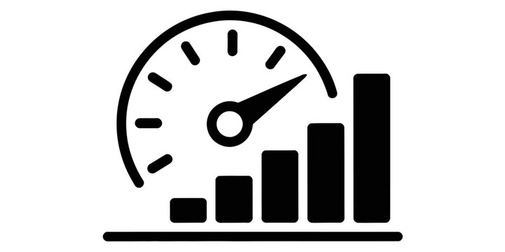 A minimalist black icon depicting a gauge combined with a rising bar chart for business metrics. Vector, illustration
