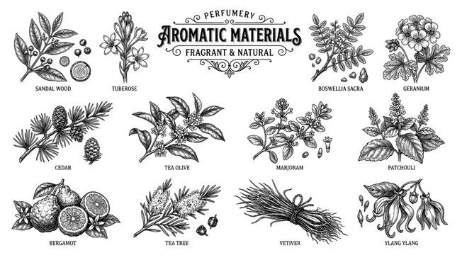 Aromatic material set sandalwood bergamot patchouli cedar vintage