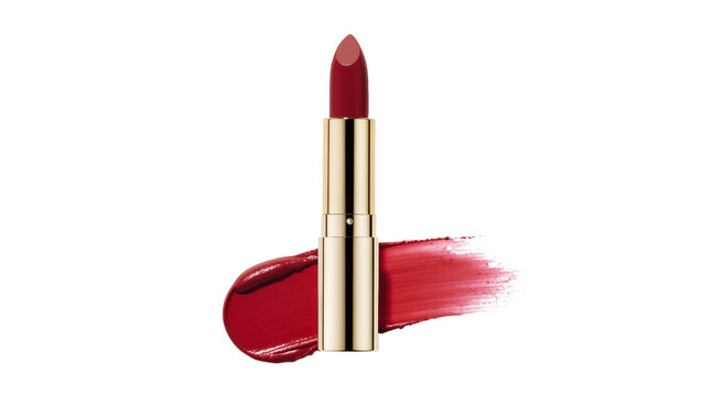Red lipstick in a golden tube next to a vibrant crimson swatch, isolated on transparent background for beauty display