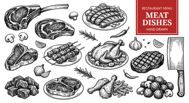 Meat dish set steak chicken sausage kebab vintage menu