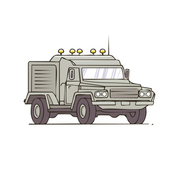 Stylized military transport vehicle with rugged tires and rooftop lights