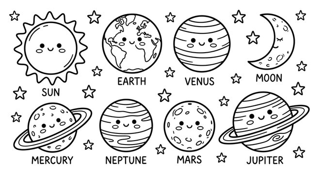 Solar system planet coloring page with cute sun and moon