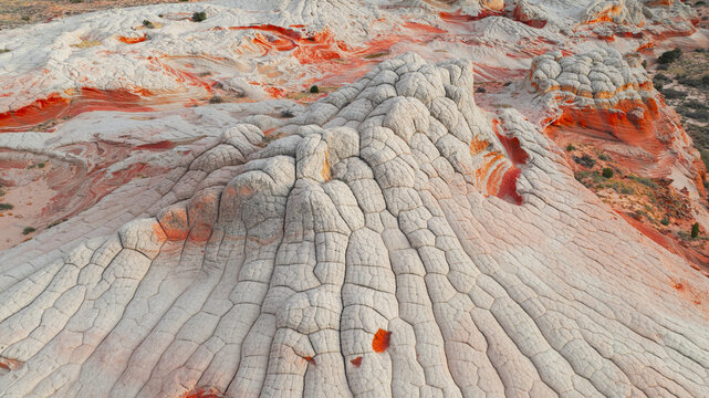 Aerial view of the unique brain-like rock formations and swirling red sandstone at White Pocket in Coconino County, Arizona, United States.