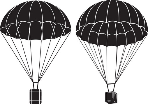 Parachute icon, skydiving equipment silhouette, black and white parachute graphic element, White Background, Parachute Jump, Air Sports, Design Element, Graphic Resource