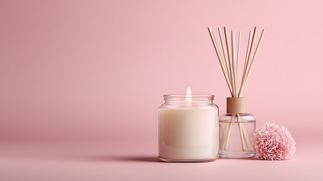Candle and reed diffuser on pink background with pom pom decoration
