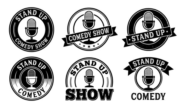 Stand up comedy show logo set microphone ribbon and vintage badge
