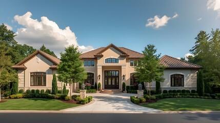 Obraz premium Modern luxury suburban home exterior with red tile roof and lush landscaping under clear blue sky