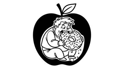 Fototapeta premium Minimalist Apple with Secret Donut Cartoon Line Art, Monochrome Vector Illustration of Diet Cheat Day Humor