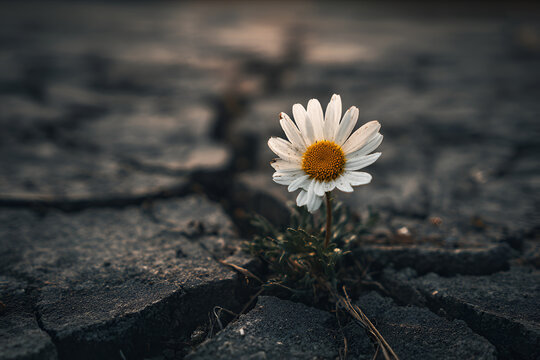 A singular white daisy blooms valiantly amidst cracked, parched earth, its yellow center contrasting starkly with its petals